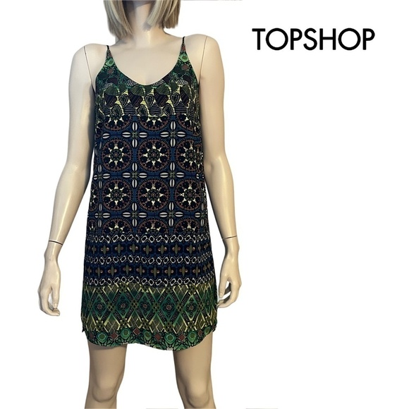 Topshop Shift Slip Dress Mini Cathedral Stain Glass Multi Print High Low NWOT - Picture 1 of 13